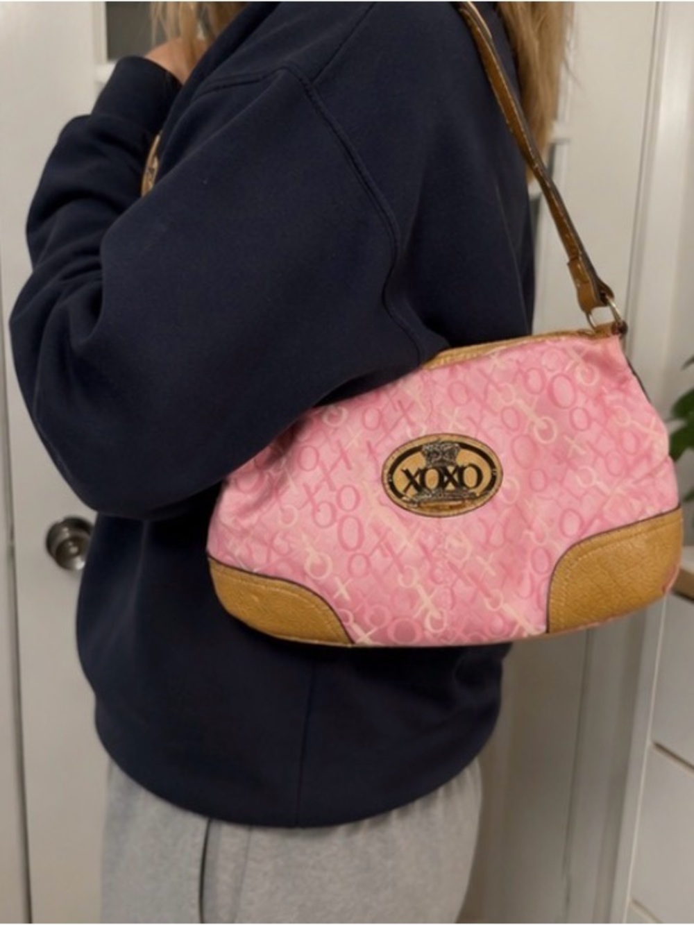 XOXO Pink Monogram Shoulder Bag Y2K McBling Crown Logo Hobo Purse Handbag